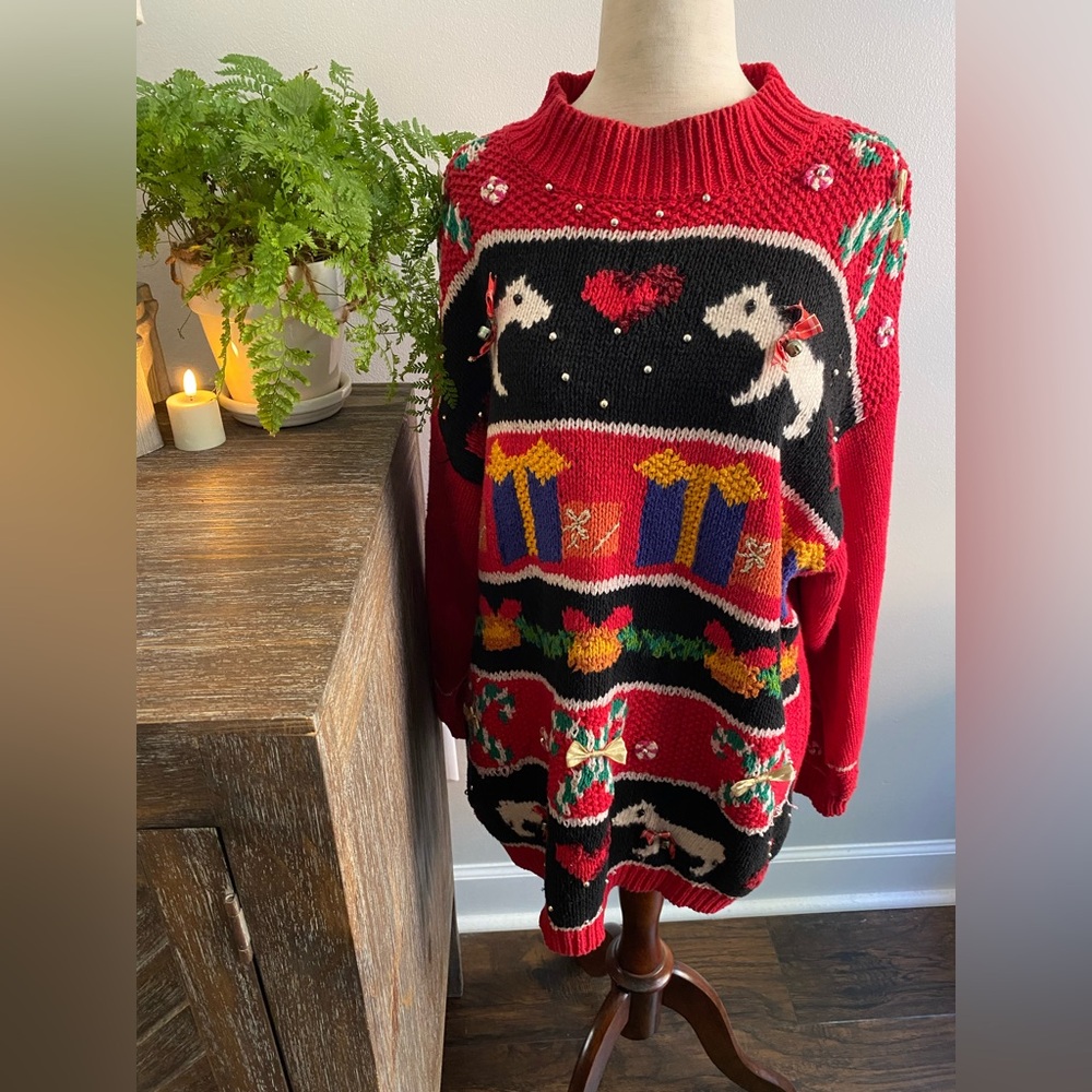 Vtg 1980s Dog Christmas Sweater Hand Knitted Cotton Ramie Bells Bows Women Large